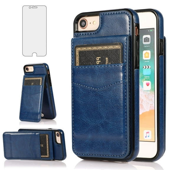 Compatible with iPhone 7/8/SE 2020/2022 Wallet Phone Case with Screen Protector Card Holder Stand Cell Cover for iPhone7 iPhone8 7s 8s i SE2020 SE2022 2/2nd/3/3rd Generation SE2 SE3 7SE 8SE Blue