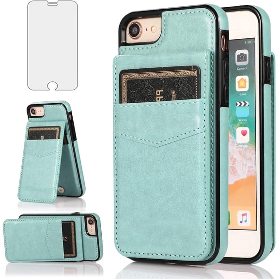 Asuwish Screen Protector Included PU Leather Soft Shell Wallet Cell Phone Case with Screen Protector for iPhone 7/8/SE2, Teal