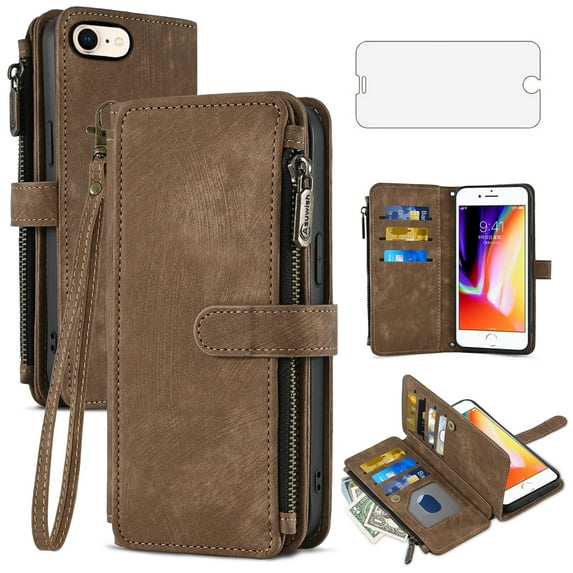 Compatible with iPhone 7/8/SE 2020/2022 Wallet Phone Case and Screen Protector Flip Card Holder Cell Cover for iPhone7 iPhone8 7s 8s i SE2020 SE2022 2/2nd/3/3rd Generation SE2 SE3 7SE 8SE Brown