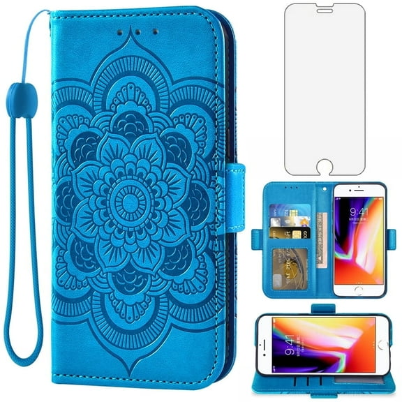 Compatible with iPhone 7/8/SE 2020/2022 Wallet Phone Case and Tempered Glass Screen Protector Flip Credit Card Holder Stand Cell Cover for iPhone7 iPhone8 7s i 2/2nd/3/3rd Generation SE2 SE3 Blue