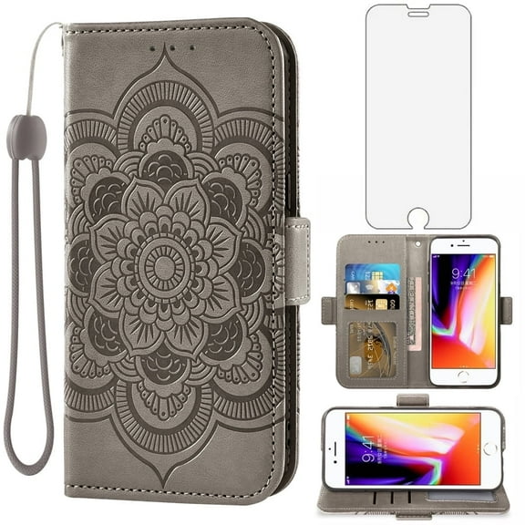 Compatible with iPhone 7/8/SE 2020/2022 Wallet Phone Case and Tempered Glass Screen Protector Flip Credit Card Holder Stand Cell Cover for iPhone7 iPhone8 7s i 2/2nd/3/3rd Generation SE2 SE3 Gray