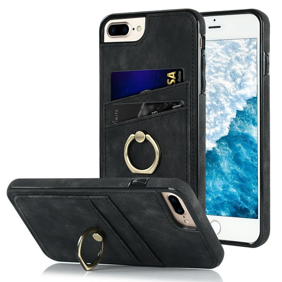 Compatible with iPhone 7 / 8 / SE 2020 / SE 2022 Case Wallet with Card Holder, 360°Rotation Finger Ring Holder Kickstand Premium PU Leather Soft TPU Anti-Drop Back Phone Cover, Black