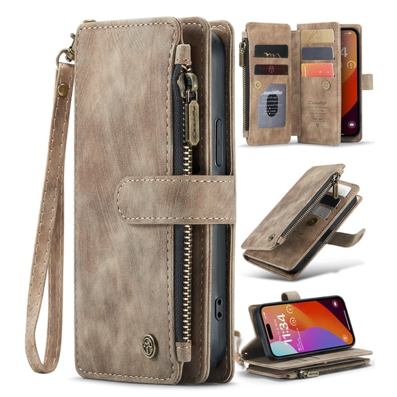 Compatible with iPhone 7 / 8 / SE 2020 / SE 2022 Wallet Case with Card Holder【RFID Blocking】 Zipper Phone Case Wallet Wristlet Durable PU Leather Magnetic Flip Folio Cover for Women and Men, Brown