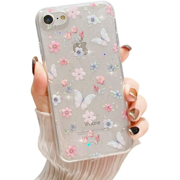 Compatible with iPhone 7/8/SE 2020 for Women Girls,Cute Clear Sparkly Bling Star Flower Butterfly Pattern Phone Case Glitter Soft Slim Fit Protective Cover for iPhone 7/8/SE 2020 4.7"