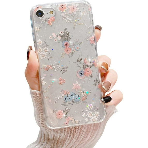 Compatible with iPhone 7/8/SE 2020 for Women Girls,Cute Clear Sparkly Bling Star Flowers Pattern Phone Case Glitter Soft Slim Fit Protective Cover for iPhone 7/8/SE 2020 4.7"