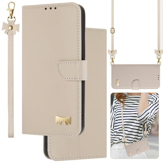 Compatible with iPhone 7 / 8 / SE 2022 & 2020 Crossbody Wallet Case,RFID Blocking Card Holder Slots Soft PU Leather+Inner TPU Magnetic Closure Shoulder Strap& Wrist Strap Bow Design Phone Case,Apricot