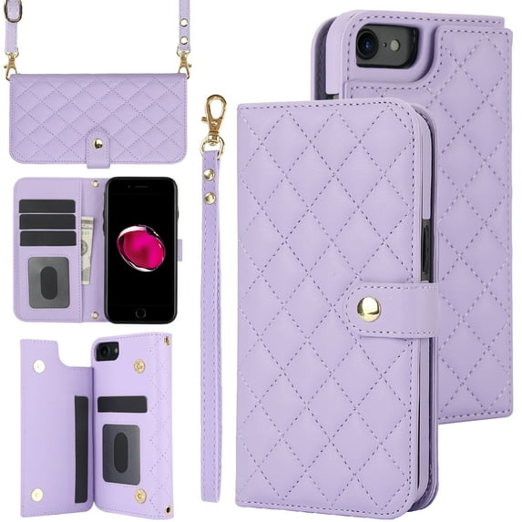 Compatible with iPhone 7 / 8 / SE 2022 & 2020 Litchi Texture PU Leather Case with Card Holder Wrist Strap, Wallet Flip Cover Men/Women Crossbody Strap RFID Blocking Kickstand, Purple