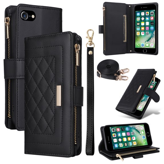 Compatible with iPhone 7 / 8 / SE 2022 & 2020 case Wallet Crossbody & Wrist Strap with Card Holder case RFID Blocking PU Leather Magnetic Closure Flip Stand Zipper Purse Shockproof Cover,Black