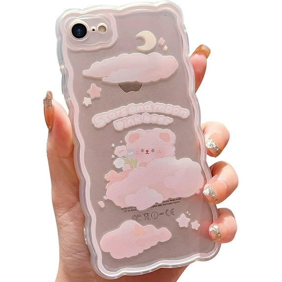 Compatible with iPhone 7/8 SE Case Cute Cartoon Floral Clouds Moon Bear Design for Women Girls Aesthetic Kawaii Slim Soft TPU Transparent Cover for iPhone 7/8 SE 4.7 inch-Light Pink