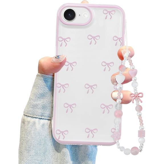 Compatible with iPhone 7/8/SE Case, Cute Clear Ribbon Bowknot Pattern Aesthetic Soft TPU Transparent Cases Protective Phone Cover for Women Girly with Bracelet Chain - Pink
