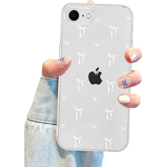 Compatible with iPhone 7/8/SE Clear Case with Design, for Women Girly Cute Bow Phone Case Soft TPU Shockproof Protective for iPhone 7/8/SE - White Small Bow