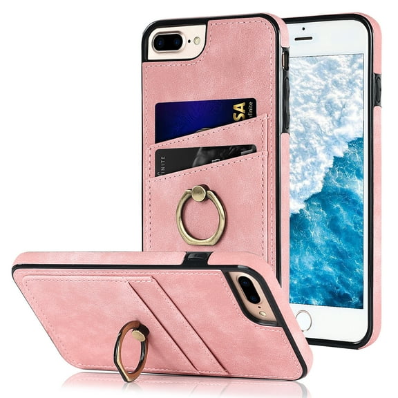 Compatible with iPhone 7 Plus / 8 Plus Case Wallet with Card Holder, 360°Rotation Finger Ring Holder Kickstand Premium PU Leather Soft TPU Anti-Drop Back Cover For iPhone 7 Plus / 8 Plus, Pink