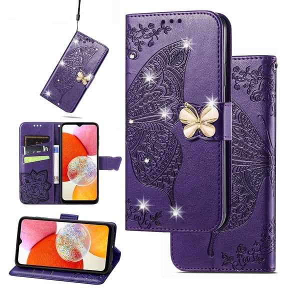 Compatible with iPhone 7 Plus/8 Plus Case, [Kickstand Feature][Wrist Strap][Card Slots][3D Bling Rhinestone Emboss Butterfly] Leather Magnetic Flip Case for Apple iPhone 7 Plus/8 Plus, Purple