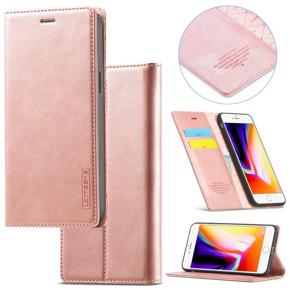 Compatible with iPhone 7 Plus / iPhone 8 Plus Wallet Case, PU Leather Flip Folio Case with Card Holders RFID Blocking Kickstand [Shockproof TPU Inner Shell] Phone Cover, rosegold