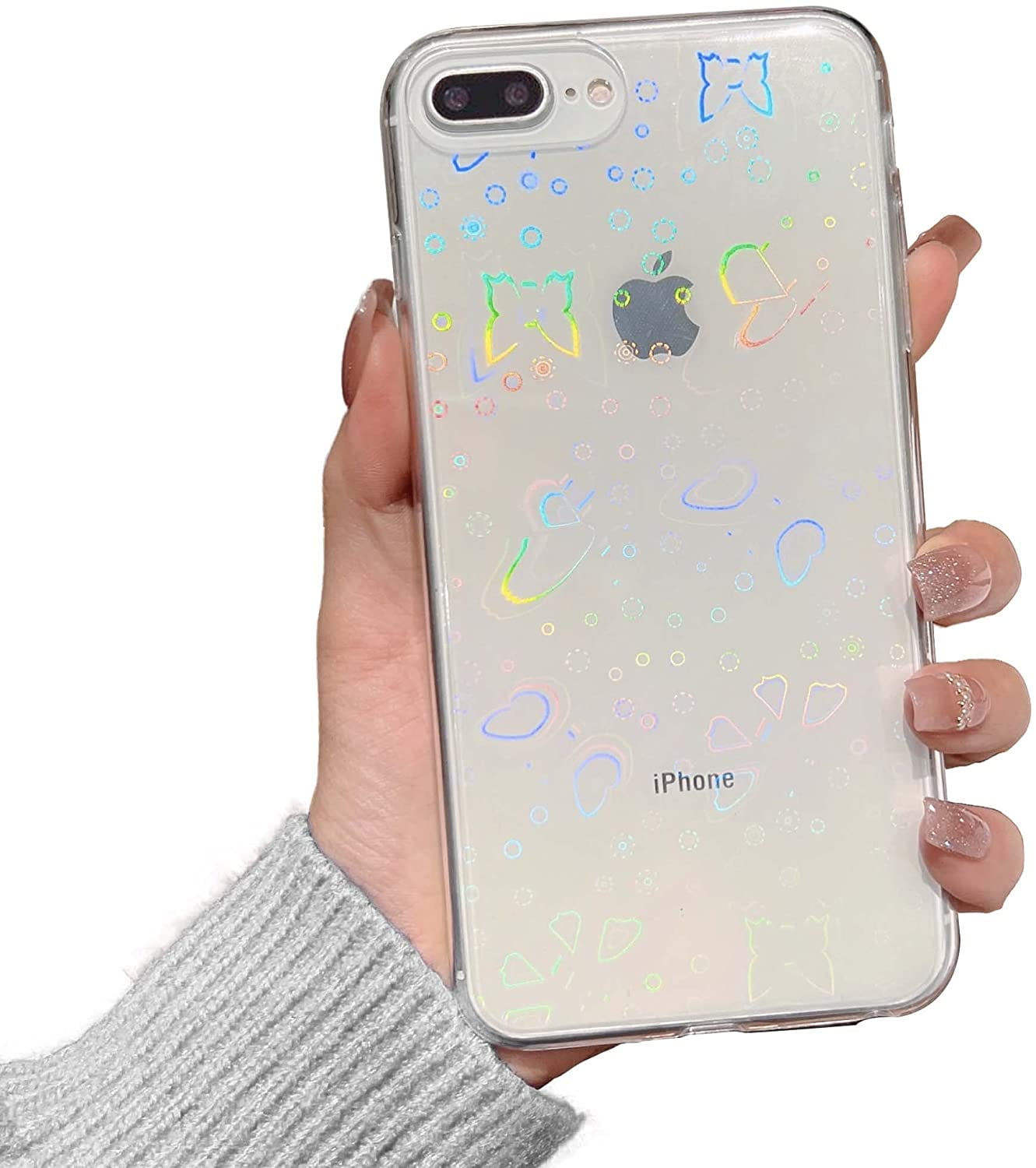 Compatible with iPhone 7 Plus Case iPhone 8 Plus Case Clear Laser Glitter Bling Heart Soft Flexible TPU and Hard PC Shockproof Cover Women Girls