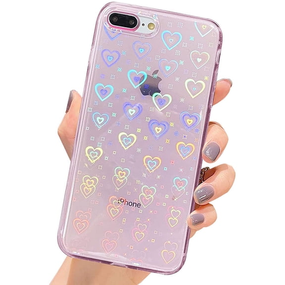 Compatible with iPhone 7 Plus Case, iPhone 8 Plus Case, Clear Laser Glitter Bling Heart Soft & Flexible TPU and Hard PC Shockproof Cover Women Girls Heart Pattern Phone Case (Rainbow Heart)