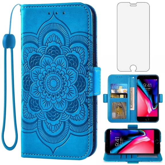 Compatible with iPhone 7plus 8plus 7/8 Plus Wallet Phone Case and Tempered Glass Screen Protector Flip Credit Card Holder Stand Flower Cell Cover for i Phone7s 7s + 7+ 8s 8+ Phones8 7p 8p Blue