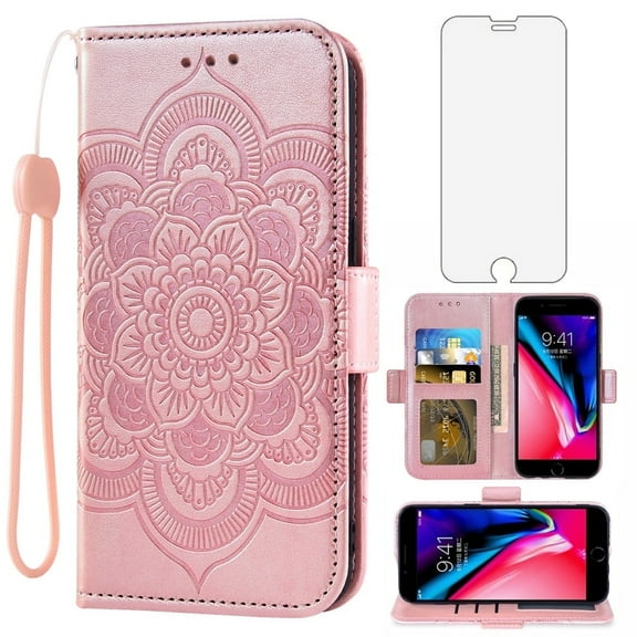 Compatible with iPhone 7plus 8plus 7/8 Plus Wallet Phone Case and Tempered Glass Screen Protector Flip Credit Card Holder Stand Flower Cell Cover for i Phone7s 7s + 7+ 8s 8+ Phones8 7p 8p Pink