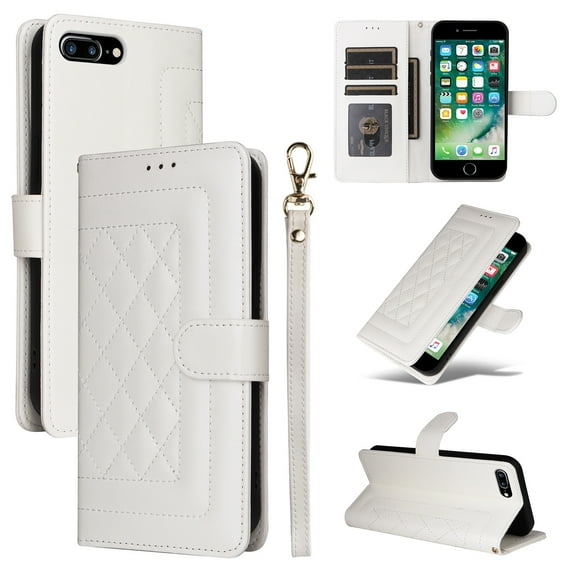 Compatible with iPhone 8 Plus / 7 Plus Case, Premium Leather Wallet Book Case Magnetic Flip RFID Blocking Credit Card Holder Kickstand with Wrist Strap Shock Absorbing Case, White