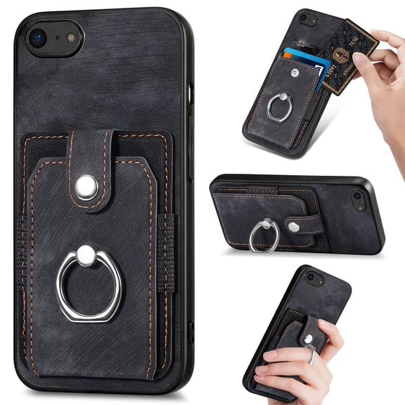 Compatible with iPhone 8 Plus / 7 Plus Case Wallet with Card Holder, 360°Rotation Finger Ring Holder Kickstand Protective Premium PU Leather Back Flip Magnetic Clasp Shockproof Cover,Black
