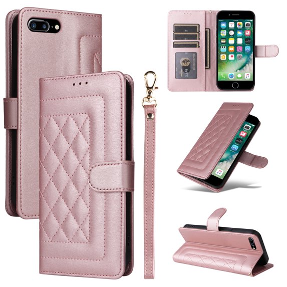 Compatible with iPhone 8 Plus / 7 Plus Case, Premium Leather Wallet Book Case Magnetic Flip RFID Blocking Credit Card Holder Kickstand with Wrist Strap Shock Absorbing Case, Rosegold