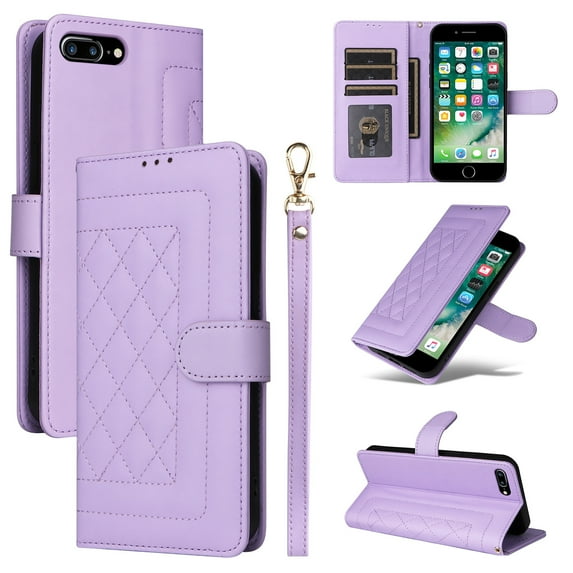Compatible with iPhone 8 Plus / 7 Plus Case, Premium Leather Wallet Book Case Magnetic Flip RFID Blocking Credit Card Holder Kickstand with Wrist Strap Shock Absorbing Case, Purple