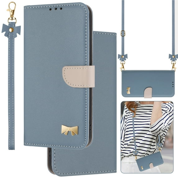 Compatible with iPhone 8 Plus/7 Plus Crossbody Wallet Case,RFID Blocking Card Holder Slots Soft PU Leather+Inner TPU Magnetic Closure Shoulder Strap& Wrist Strap Bow Design Phone Case,Blue