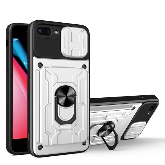 Compatible for iPhone 8 Plus / 7 Plus Hybrid Case with Camera Lens Slide Cover | Rotatable Ring Holder Kickstand | Impact-Resistant Car Mount Magnetic | Detachable Card Slot Protective Shell, White