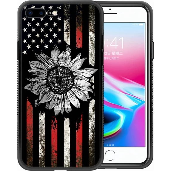 Compatible with iPhone 8 Plus Case, Pattern Design Hard PC Back Cover Non-Slip Soft TPU Protective Case for iPhone 8 Plus for Women 5.5inch-A2-Retro Sunflower Flag