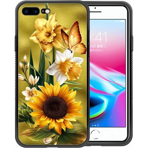 Compatible with iPhone 8 Plus Case,Pattern Design Hard PC Back Cover Non-Slip Soft TPU Protective Case for iPhone 8 Plus for Women 5.5inch-A4-Butterfly Golden Sunflowers