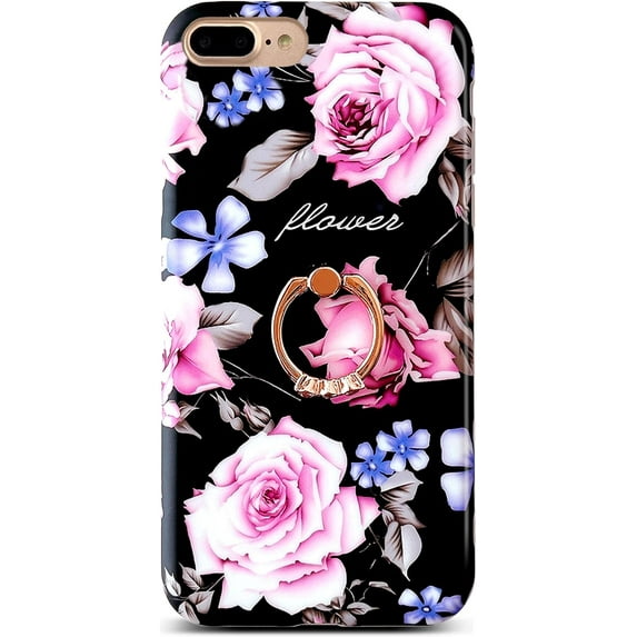 Compatible with iPhone 8 Plus Case,iPhone 7 Plus Case 5.5",Cute Garden Floral Case with 360° Rotating Ring Kickstand Soft TPU Shockproof Frosted Shell Cover for Woman Girl Black Rose Flower