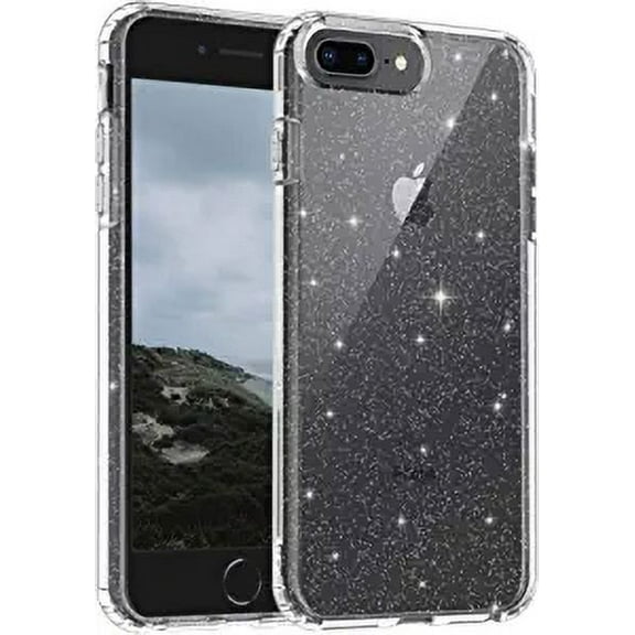 Compatible with iPhone 8 Plus Clear Glitter Case, Hybrid Protective Phone Case Slim Transparent Anti-Scratch Shock Absorption Bumper Cover for iPhone 8 Plus, 7 Plus, Glitter