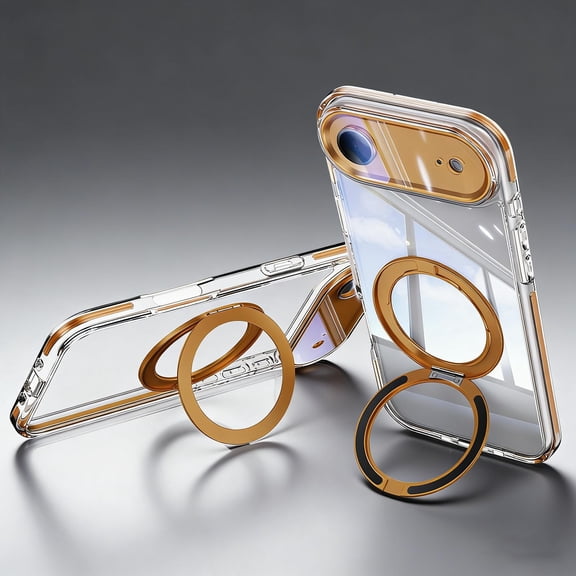 Compatible for iPhone Air Case with Ring Holder Kickstand & Full Camera Lens Protector, Thin Fit Shockproof Non-Yellowing Transparent Clear Phone Cover for iPhone Air, Orange