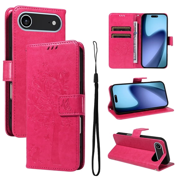 Compatible with iPhone Air Case Wallet Case with Kickstand Credit Card Holder Slots Cute Cat Butterfly & Tree Embossed Premium PU Leather Protective Phone Case with Wrist Strap,Rose