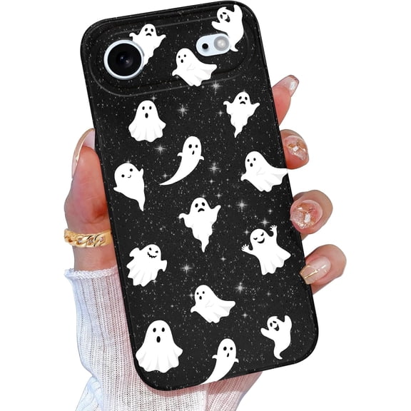 Compatible with iPhone Air Halloween, Cute Halloween Case for Women Girls Boys Girly, Glitter Sparkly Bling with Ghosts Pattern Soft Phone Case for iPhone 17 Air, White Ghosts