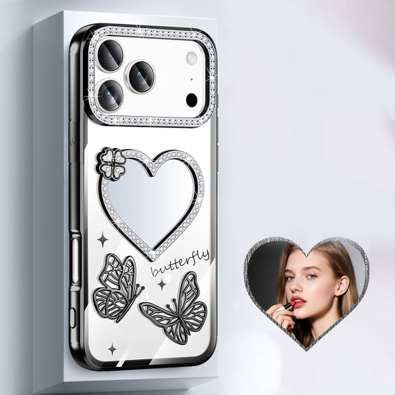 Compatible with iPhone Air Phone Case,Luxury Cute Diamond Heart Makeup Mirror Back,Bling Sparkly Rhinestones Lens Ring,Plating Butterfly,Shockproof Anti-fall Thin Fit Phone Case,Black