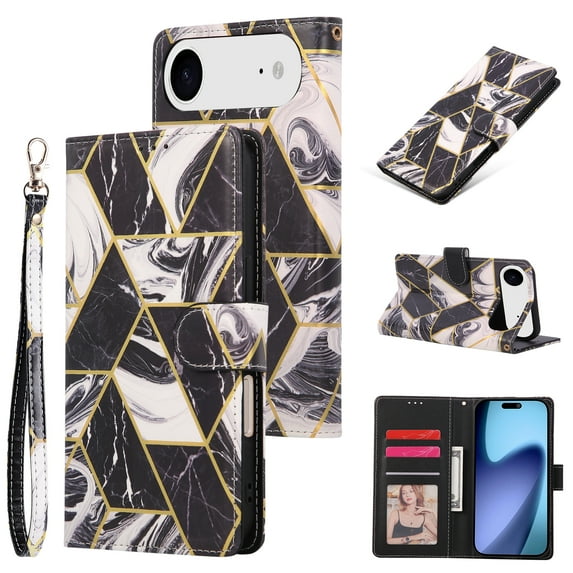 Compatible with iPhone Air Wallet Case, Marble Pattern PU Leather Flip Cover with Card Holder Kickstand, Shockproof Protective Phone Case for iPhone Air, Black
