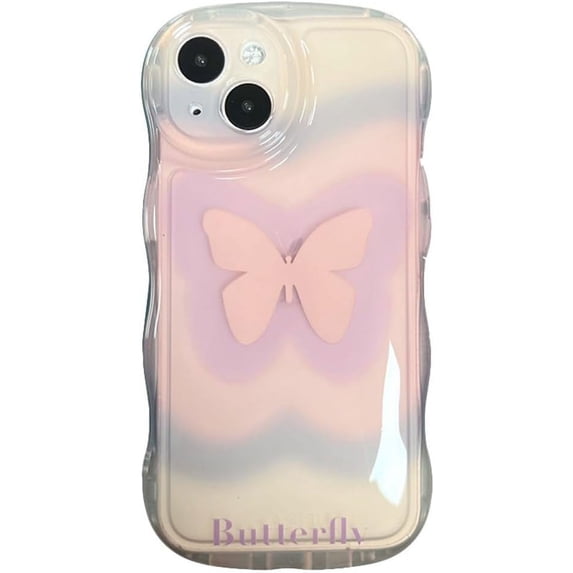 Compatible with iPhone Case,Clear Curly Wave Water Ripple Frame Gradient Butterfly Camera Lens Protection Soft Shockproof Cover Phone Case (Pink,iPhone 13)