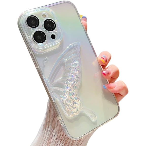 Compatible with iPhone Case,Colorful Laser Holographic Butterfly Liquid Sand Clear Camera Lens Protection Soft Shockproof Cover Phone Case (Clear,iPhone 12)