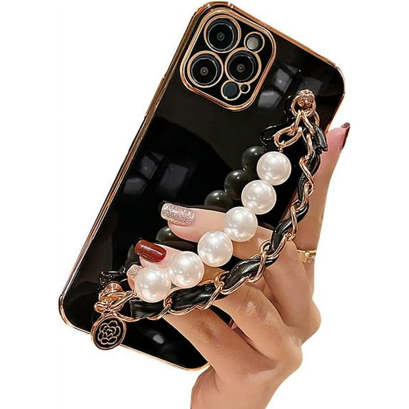 Compatible with iPhone Case,Cool Electro Plated Pearl with Wristband Strap Bracelet Chain Camera Lens Protection Soft Shockproof Cover Phone Case (Black,iPhone 14 Pro Max)