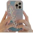thumbnail image 1 of Compatible with iPhone Case,Crystal Clear Cute Laser Holographic Flower Floral Wristband Strap Bracelet Chain Shockproof Cover Phone Case (White,iPhone 13 Pro Max), 1 of 5