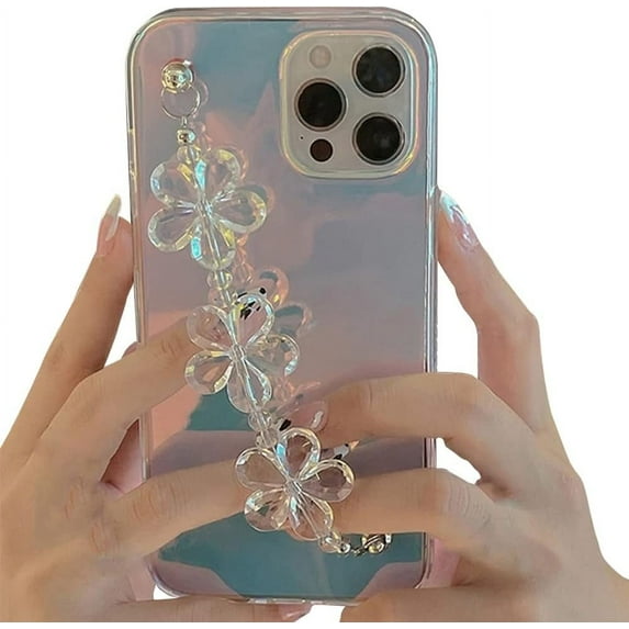 Compatible with iPhone Case,Crystal Clear Cute Laser Holographic Flower Floral Wristband Strap Bracelet Chain Shockproof Cover Phone Case (White,iPhone 14 Pro Max)
