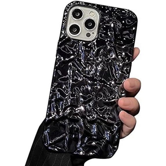 Compatible with iPhone Case,Curly Wave Ripple Shape Tin Foil Pattern Electro Plated Glitter Sparkle Bling Camera Lens Protection Soft Shockproof Cover Phone Case (Black,iPhone 14 Pro Max)