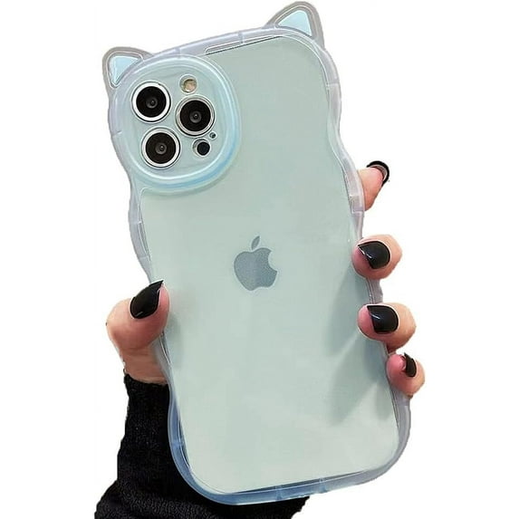Compatible with iPhone Case,Curly Wavy Shape Cute Kawaii Cat Ears Transparent Camera Lens Protection Clear Soft Shockproof Cover Phone Case (Blue,iPhone 14 Pro Max)
