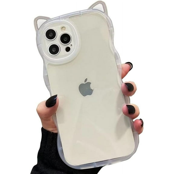 Compatible with iPhone Case,Curly Wavy Shape Cute Kawaii Cat Ears Transparent Camera Lens Protection Clear Soft Shockproof Cover Phone Case (Clear,iPhone 14 Plus)