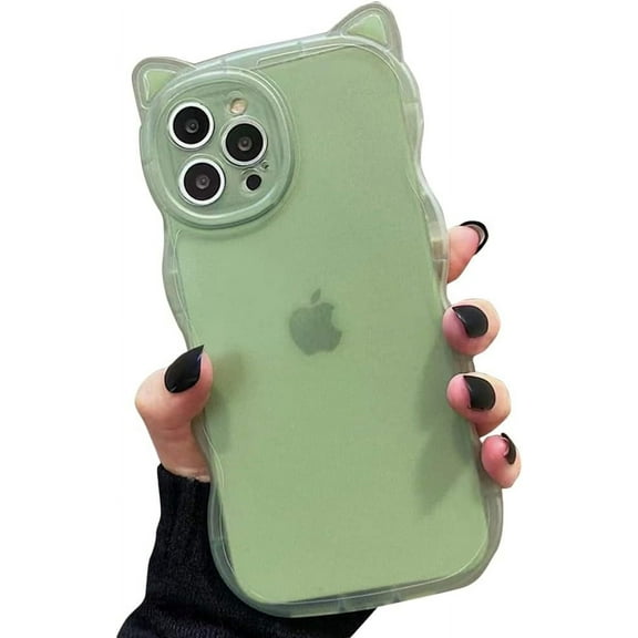 Compatible with iPhone Case,Curly Wavy Shape Cute Kawaii Cat Ears Transparent Camera Lens Protection Clear Soft Shockproof Cover Phone Case (Green,iPhone 12)