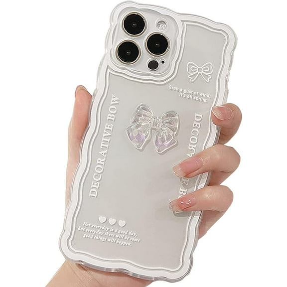 Compatible with iPhone Case,Cute 3D Crystal Bow Tie Bowknot Curly Wave Shape Camera Lens Protection Transparent Clear Soft Shockproof Cover Phone Case (White,iPhone Xr)