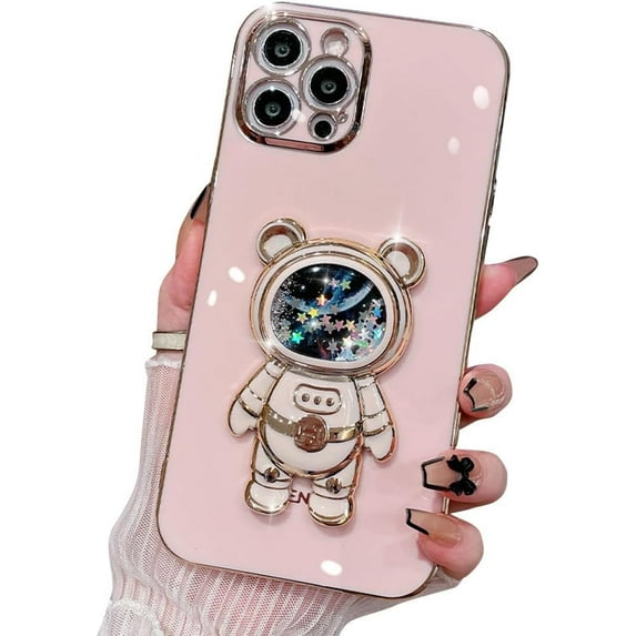 Compatible with iPhone Case,Cute Astronauts Glitter Sparkle Bling Liquid Quicksand Electroplated Holder Kickstand Stand Shockproof Cover Phone Case (Pink,iPhone 15 Plus)