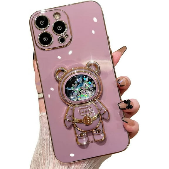 Compatible with iPhone Case,Cute Astronauts Glitter Sparkle Bling Liquid Quicksand Electroplated Holder Kickstand Stand Shockproof Cover Phone Case (Purple,iPhone 14 Plus)