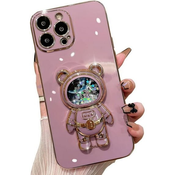 Compatible with iPhone Case,Cute Astronauts Glitter Sparkle Bling Liquid Quicksand Electroplated Holder Kickstand Stand Shockproof Cover Phone Case (Purple,iPhone 13 Pro Max)